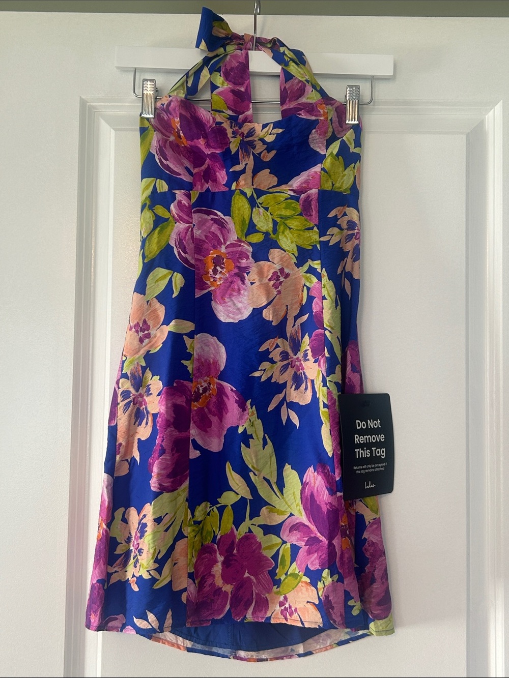 Lulu's Royal Blue Halter Floral Dress with Pink and Green Accents